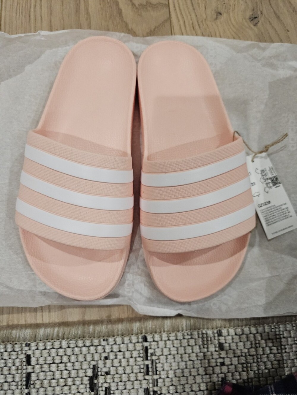 New Adidas Women's Light Pink Slide Sandals with White Stripes